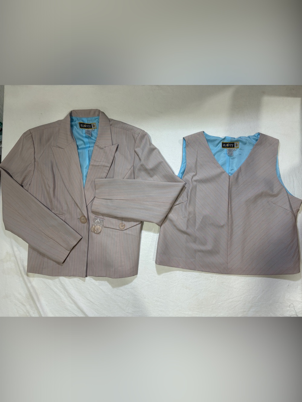 Vintage Audrey B Tan Taupe Pinstripe Blazer & Vest 2-Piece Suit Set - Size 18